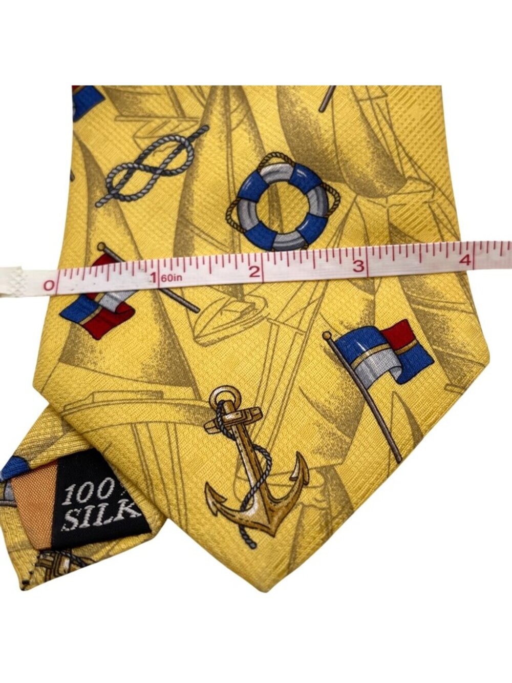 Silk Tie Sport Maritime Yacht Club Nautical Flag Ship Wheel Anchor Yellow VTG - Picture 8 of 10